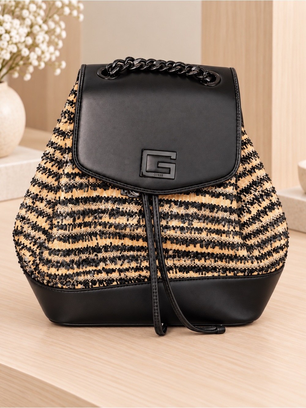 GUESS Black and Natural Raffia Striped Backpack